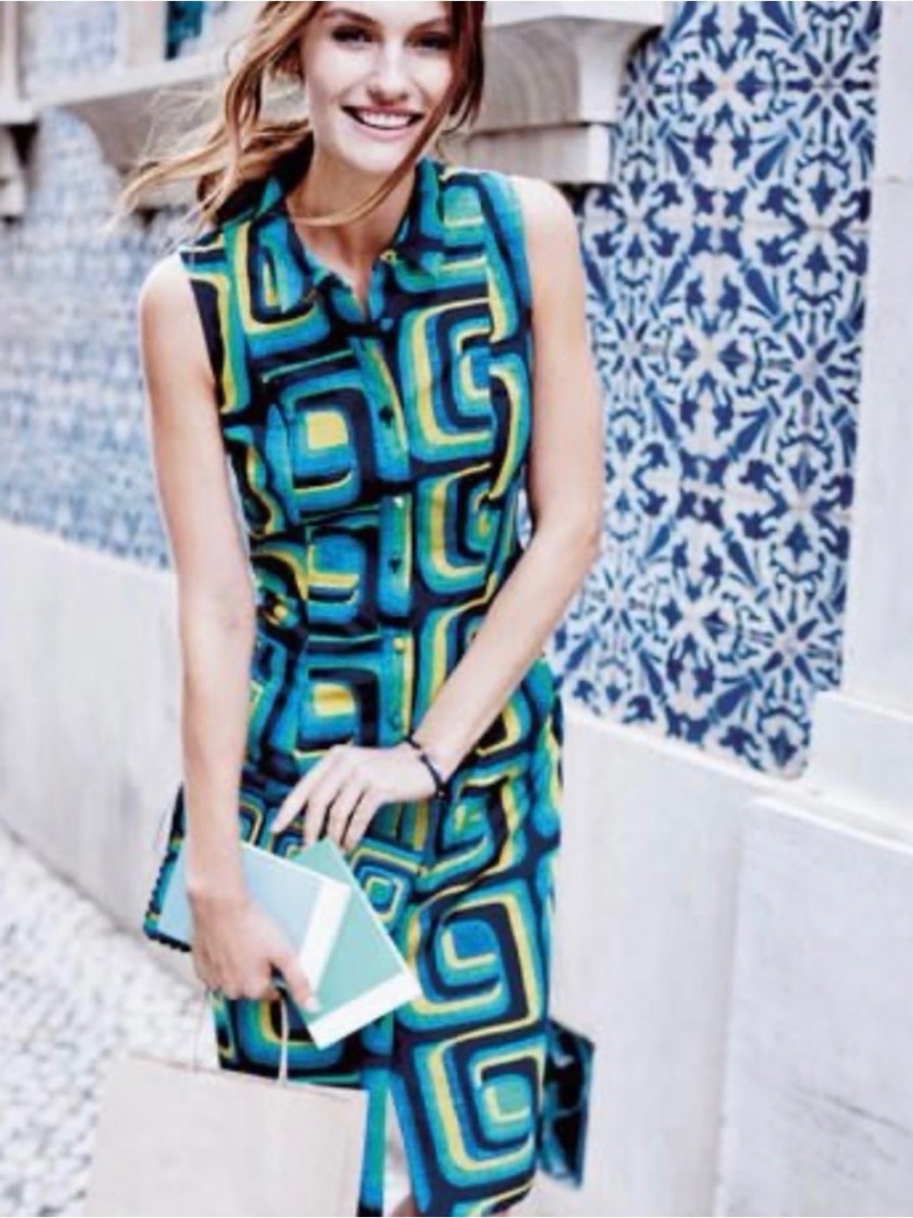 Boden Iris Geometric Green Blue Yellow Print Button Sleeveless Dress 6R